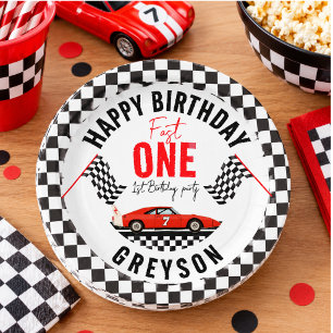 One Fast Race Car Boy 1st Birthday Party Paper Plate