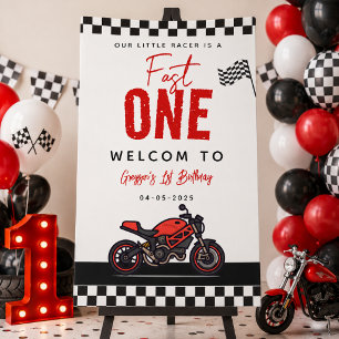 One Fast Race Motorcycle Boy 1st Birthday Party Banner