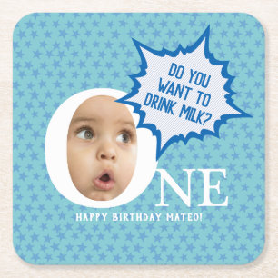 ONE first birthday boy personalised Square Paper Coaster