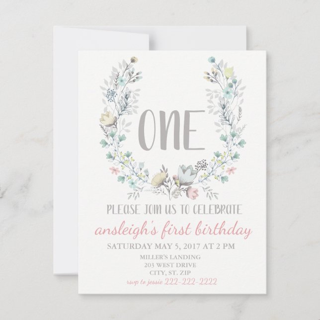 "ONE" First Birthday Floral Invitation (Front)