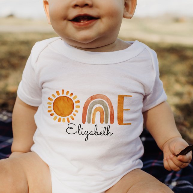 One First Birthday Name Boho Rainbow and Sun  Baby Bodysuit (Creator Uploaded)