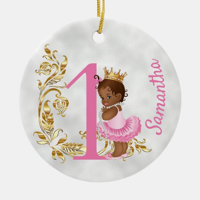 One First Birthday Personalised African American Ceramic Tree Decoration (Front)