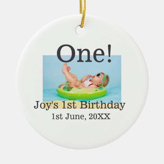 One first birthday photo modern add name date  ceramic tree decoration (Front)