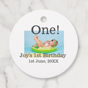 One first birthday photo modern add name date favour tags