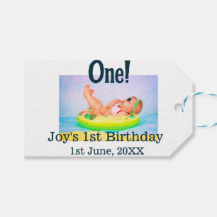 One first birthday photo modern add name date  gift tags