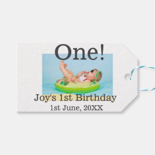 One first birthday photo modern add name date  gift tags