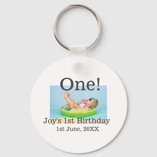 One first birthday photo modern add name date  key ring (Front)