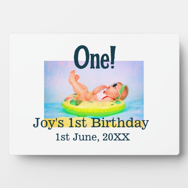 One first birthday photo modern add name date  plaque (Front)