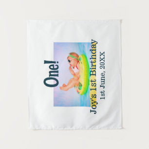 One first birthday photo modern add name date tapestry