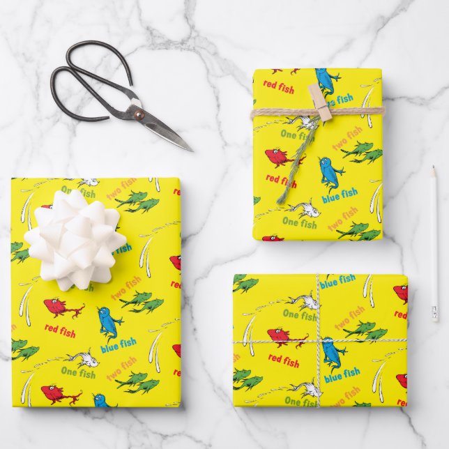 One Fish Two Fish Yellow Pattern Wrapping Paper Sheet (Front)