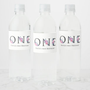 One, Floral First Birthday Water Bottle Label