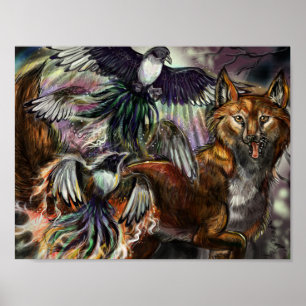 One for Sorrow Magpie and Fox Digital Illustration Poster