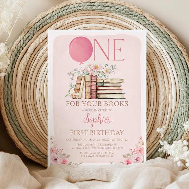 One for the books Pink Book First Birthday Invitation (Creator Uploaded)