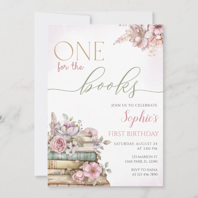 One for the books Pink Book First Birthday  Invitation (Front)