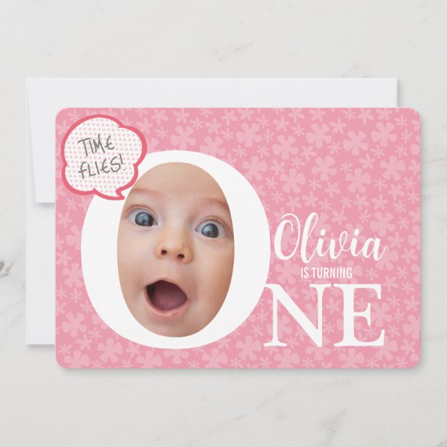 One fun baby photo pink flower birthday invitation (Front)