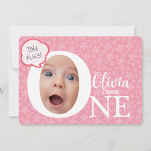 One fun baby photo pink flower birthday invitation