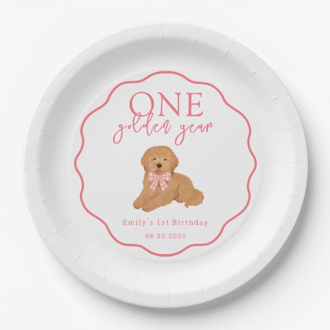 One Golden Year Doodle Puppy First Birthday Party Paper Plate (Front)