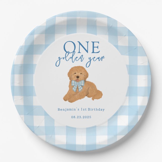 One Golden Year Golden Doodle Boys Birthday Paper Plate (Front)