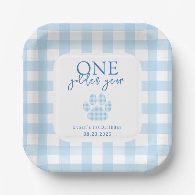 One Golden Year Golden Retriever Boys Birthday Paper Plate (Front)