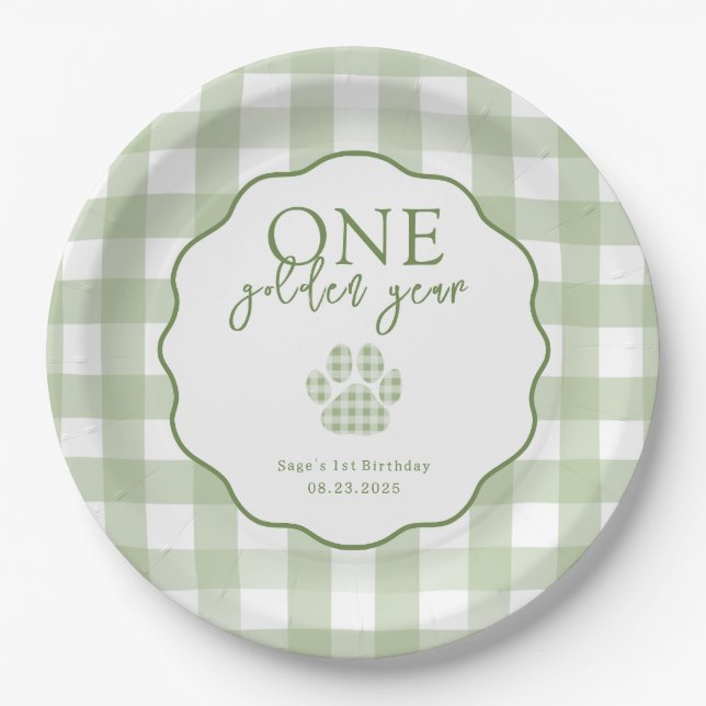 One Golden Year Paw Print First Birthday Party Paper Plate (Front)