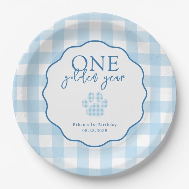 One Golden Year Paw Print First Birthday Party Paper Plate (Front)
