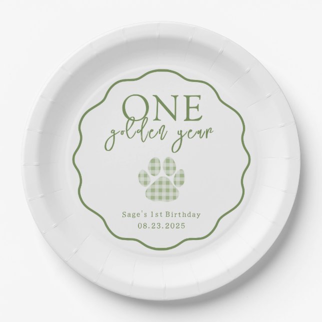 One Golden Year Paw Print First Birthday Party Paper Plate (Front)