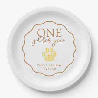One Golden Year Paw Print First Birthday Party Paper Plate