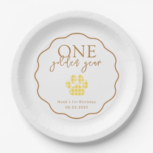 One Golden Year Paw Print First Birthday Party Paper Plate (Front)