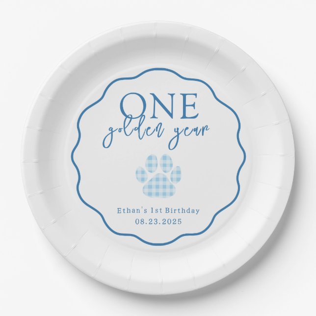 One Golden Year Paw Print First Birthday Party Paper Plate (Front)