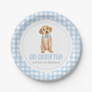 One golden year Puppy preppy plaid 1st birthday Paper Plate