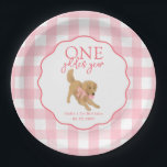One Golden Year Retriever First Birthday Party Paper Plate<br><div class="desc">Celebrate her One Golden Year in sweet puppy style with this round paper plate. A pink gingham border surrounds a scalloped center that features a golden retriever and editable text for your girl's name and first birthday date. Perfect for cake slices, snacks, and photo ready table settings at any golden...</div>