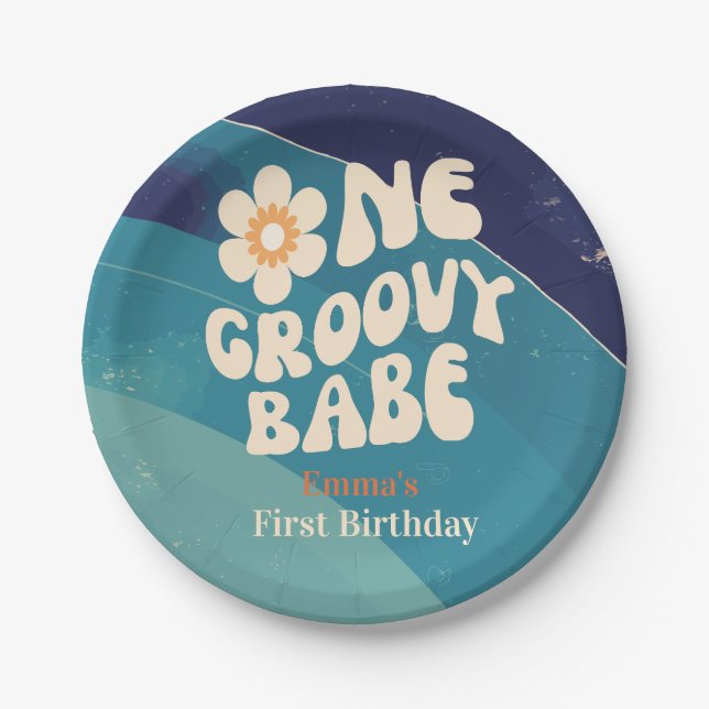 ONE Groovy Babe 1st Birthday Groovy One Daisy Paper Plate (Front)