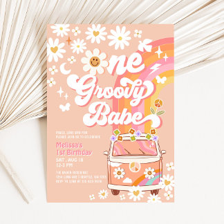 ONE Groovy Babe Daisy Rainbow Groovy 1st Birthday Invitation