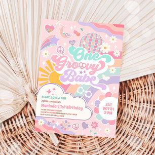 One Groovy Babe Disco Rainbow Sun 1st Birthday Invitation