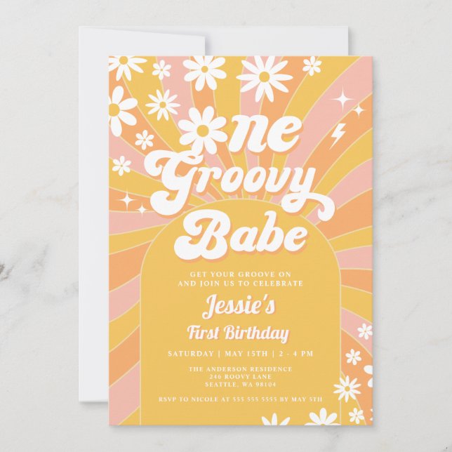 One Groovy Babe Pink Daisy Sunshine 1st Birthday Invitation (Front)