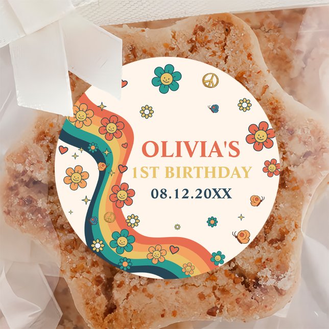 One Groovy Babe Retro Rainbow 1st Birthday Classic Round Sticker (Creator Uploaded)