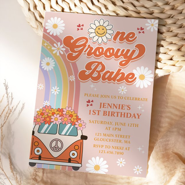 One Groovy Babe Retro Rainbow 1st Birthday Invitation (Creator Uploaded)