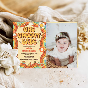 One Groovy Babe Retro Rainbow 1st Birthday Photo Invitation