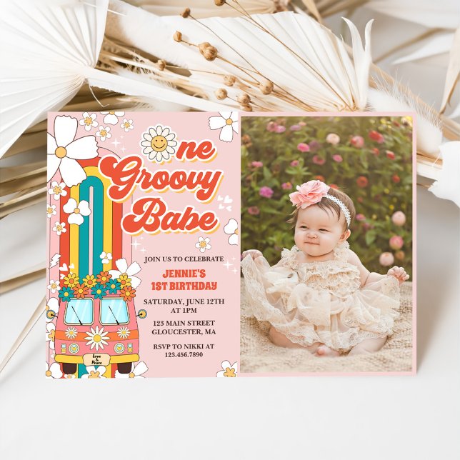 One Groovy Babe Retro Rainbow 1st Birthday Photo Invitation (Creator Uploaded)
