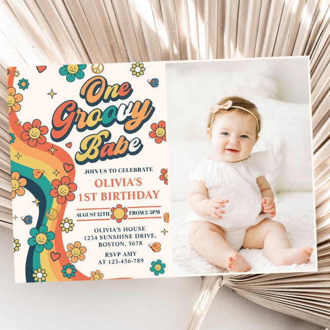 One Groovy Babe Retro Rainbow 1st Birthday Photo Invitation (Creator Uploaded)