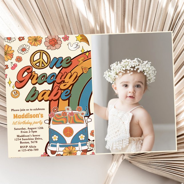 One Groovy Babe Retro Rainbow 1st Birthday Photo Invitation (Creator Uploaded)