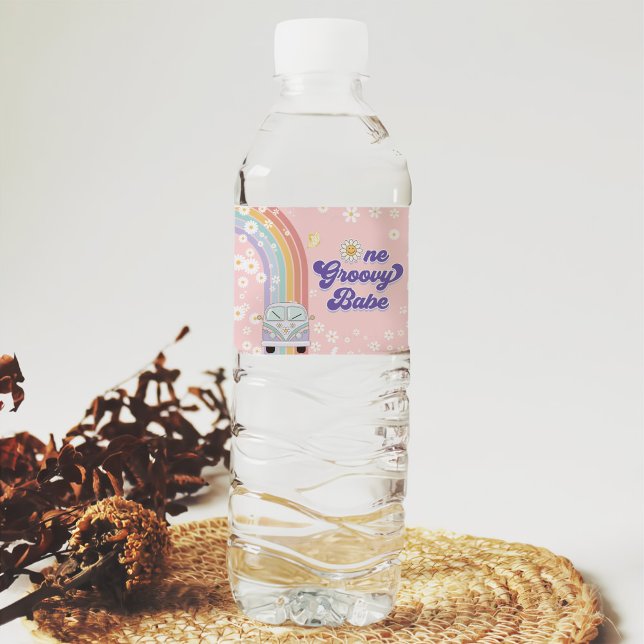 One Groovy Babe Retro Rainbow 1st Birthday Water Bottle Label (Creator Uploaded)