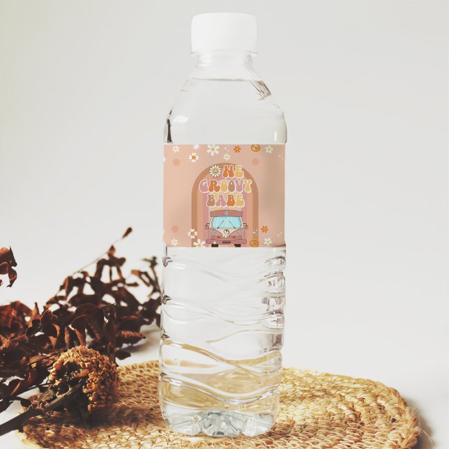 One Groovy Babe Retro Rainbow 1st Birthday Water Bottle Label (Creator Uploaded)