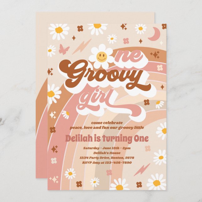 One Groovy Girl Peace Love Party Rainbow Birthday Invitation (Front/Back)