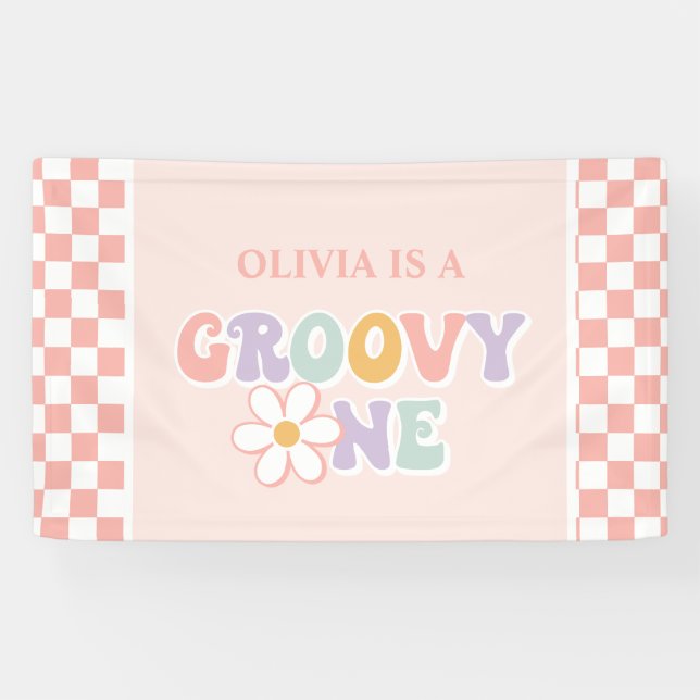 One Groovy girl Pink Daisy Chequered Banner (Horizontal)