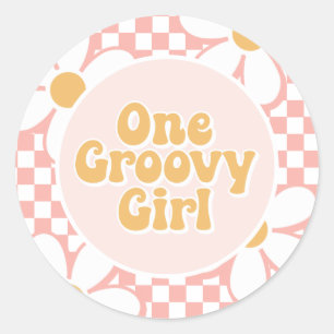 One Groovy girl Pink Daisy Chequered Classic Round Sticker