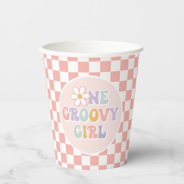 One Groovy girl Pink Daisy Chequered Paper Cups (Front)