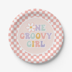 One Groovy girl Pink Daisy Chequered Paper Plate