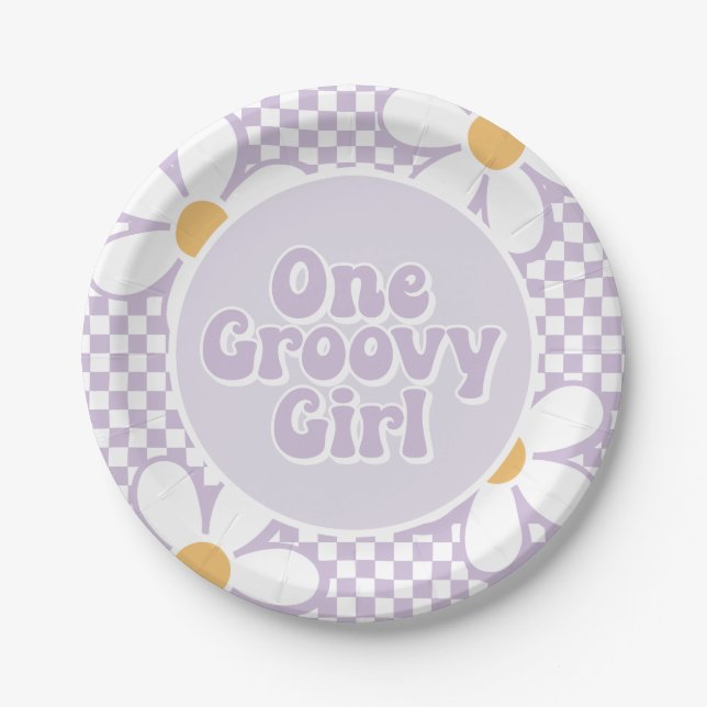 One Groovy Girl Purple Daisy Chequered Paper Plate (Front)