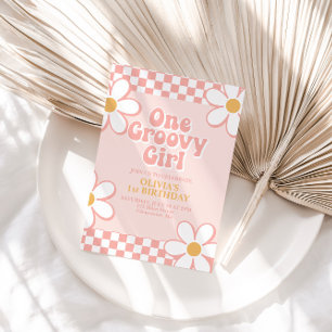 One Groovy Girl Retro Check Pink Daisy Invitation